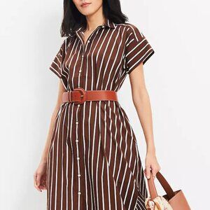 NWT LOFT Espresso Striped Poplin Maxi Pocket Shirtdress Size 16